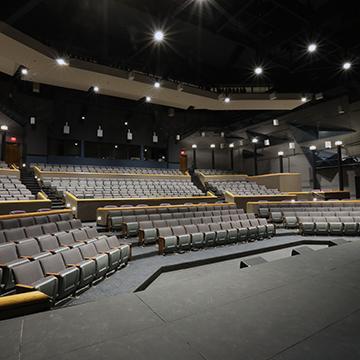 View from stage right of an empty Polsky Theatre